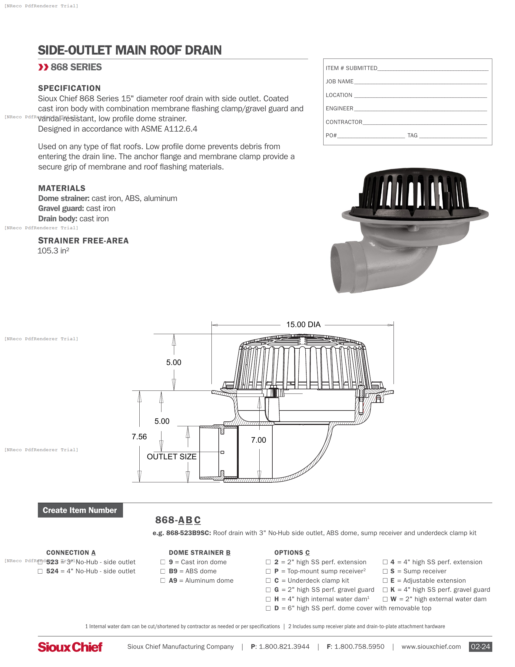 868-52 SERIES - SIDE OUTLET ROOF DRAIN - SPEC SHEET.PDF Specification Document